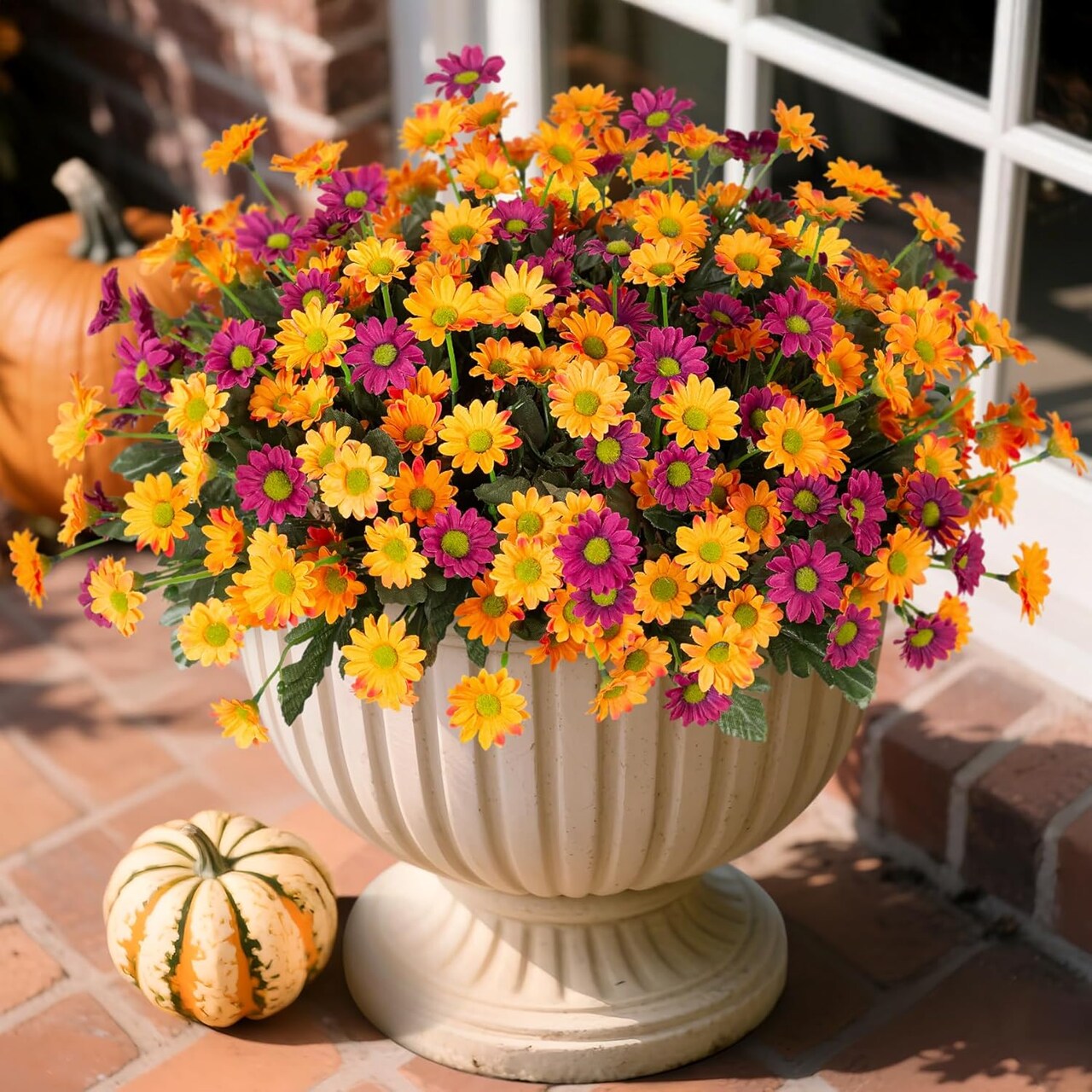 6 Bundles UV-Resistant Artificial Mums Daisy Flowers – Faux Silk Purple & Orange Spring Fall Plants for Outdoor Porch, Patio, Garden & Window Box Decor